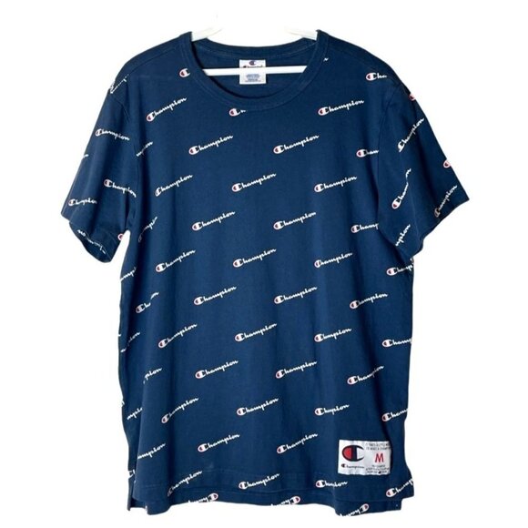 Champion Blue Cotton Allover Script Heritage Crew Neck Short Sleeve Tee M - Picture 2 of 8